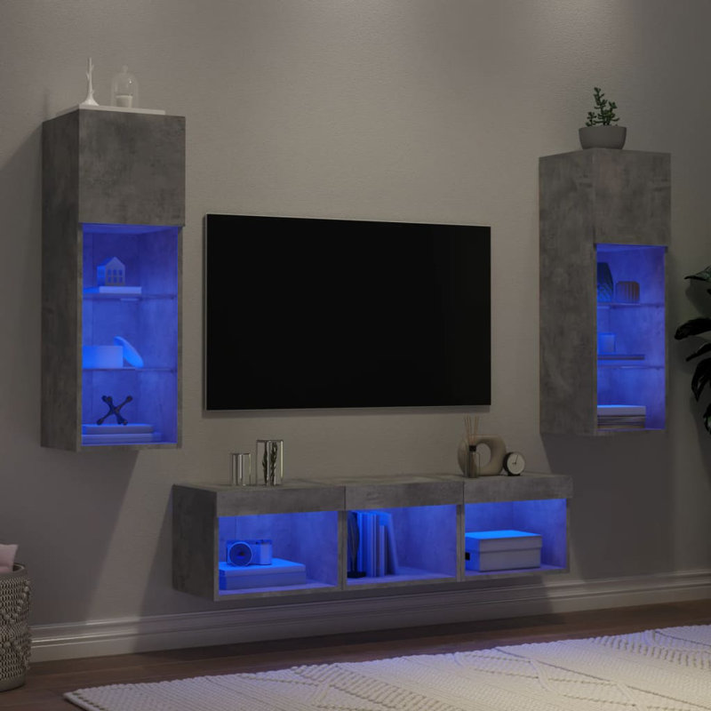  5 Piece TV Wall Units With LED Engineered Wood, Concrete Grey