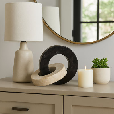 Two-Tone Marble Ring Sculpture Home Decor - Interlocking Figurine Decorative Object And Statue For Decorations For Living Room - 10", Ivory & Black