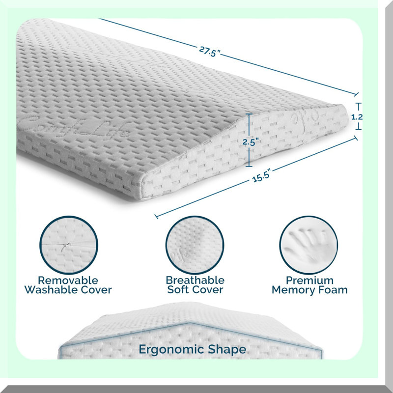SleepEase Memory Foam Lumbar Support Pillow - Back Pain Relief for Side, Back, and Stomach Sleepers. Triangle Wedge Bolster Bed Rest Pillow in White Standard Size.
