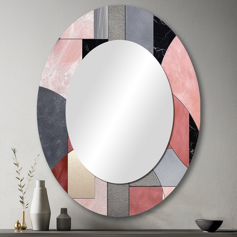 Pink Transcendent Angles II - Miroir décoratif ovale abstrait sur métal, 43 po x 33 po