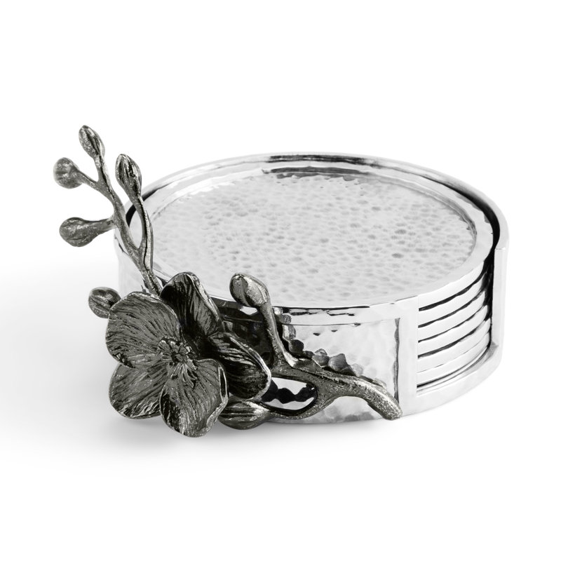 Black Orchid Coaster Set With Holder