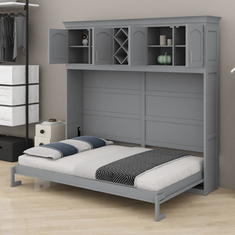 Lit escamotable avec armoires supérieures et support à vin intégré, Gris