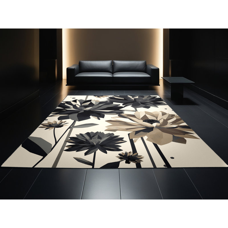 Tapis beige lavable à la machine à motif géométrique d'inspiration mondiale Ortmund Chrysanthemum, Rond 3 pi