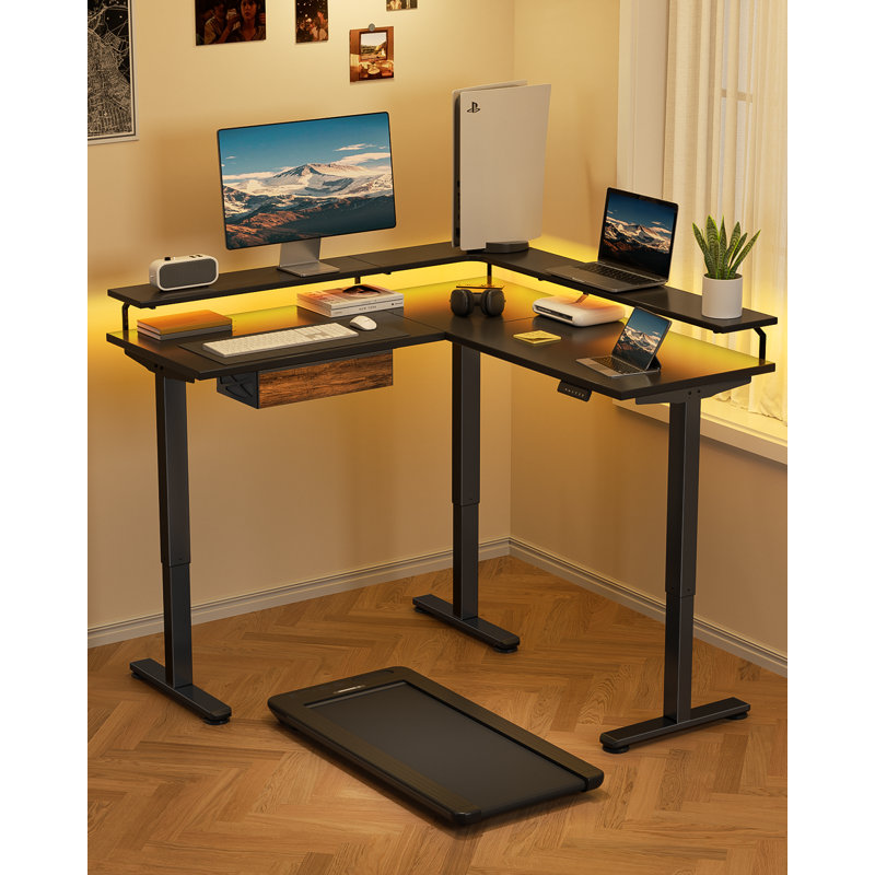 L Shaped Electric Standing Desk With Under-Desk Drawers Built-In Power Outlets, Black