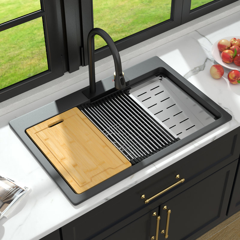 33'' L x 22'' W Waterfall Kitchen Sink, Drop-In Quartz Single Bowl Kitchen Sink With Pull-Down Faucet, Sink Grid, Cutting Board and Colander