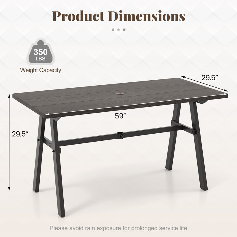Table de salle à manger rectangulaire antirouille 59 po x 29,5 po avec trou de parasol 1,93 po