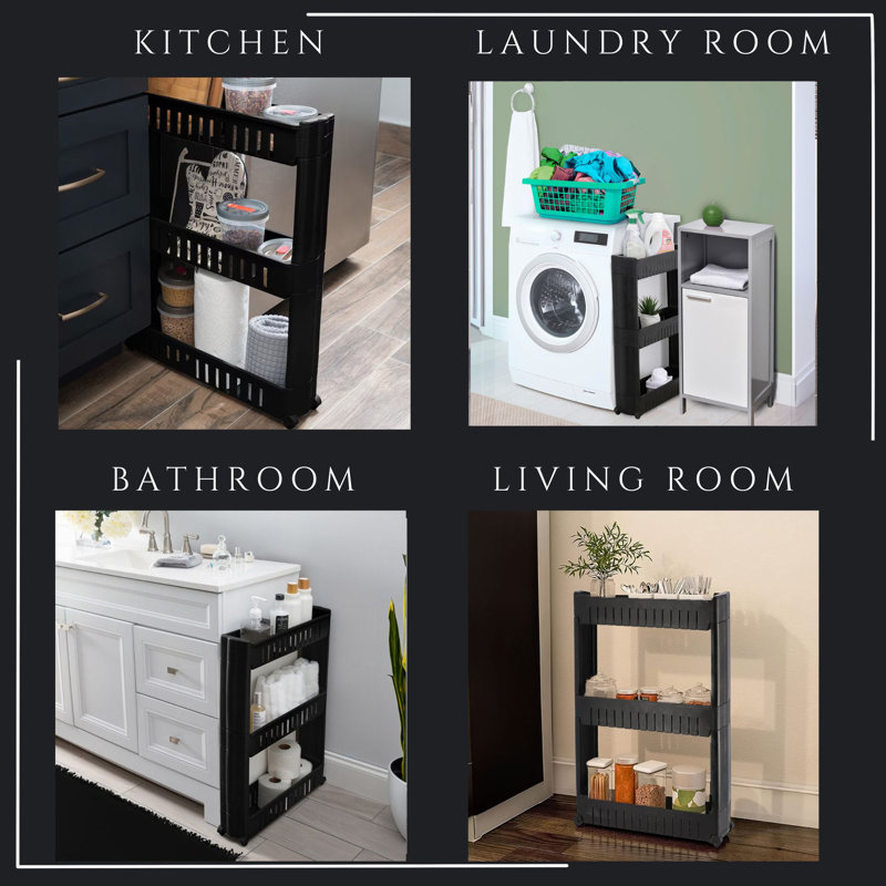 Black Slim 3-Tier Rolling Laundry Storage Cart
