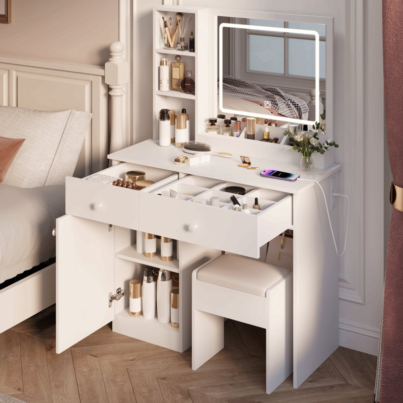 Bureau de coiffeuse Fashion avec miroir et lumières pour le maquillage, miroir de coiffeuse avec lumières et ensemble de table avec 3 lumières de couleur réglables, 2 grands tiroirs, couleur blanche