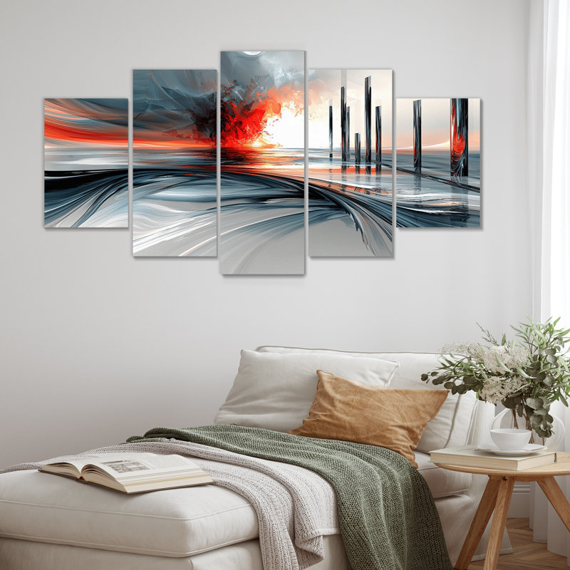 Abstract Swirl In Red And Grey Tones - Abstract Painting Canvas Wall Art Set