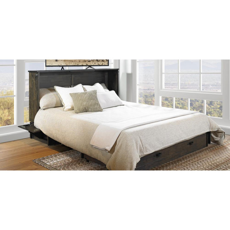 Grand lit escamotable en bois massif avec matelas et prises de courant, Brun