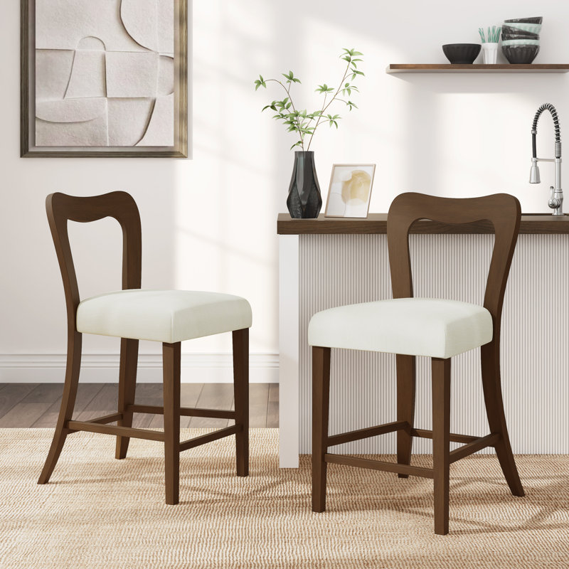 Coen 25.5" Seat Height Rubberwood Counter Stools With Curved Back, Beige Cushion/Walnut Frame