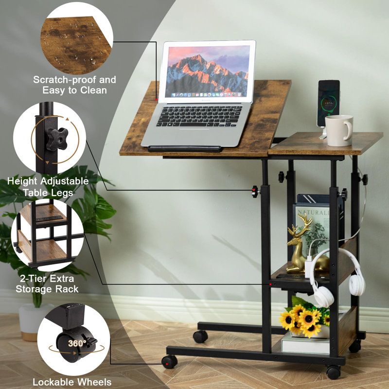 Adjustable C Table With Charging Station, Tiltable Desk C Shaped End Table For Couch, Over Bed Table With Wheels Adjustable Height, Hospital Table Laptop Stand Drawing Desk, Rustic Brown