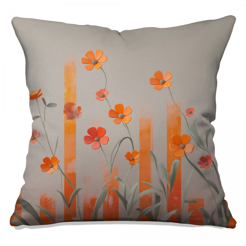 Coussins décoratifs orange à motif de fleurs sauvages sur fond beige, 16 x 16 pouces