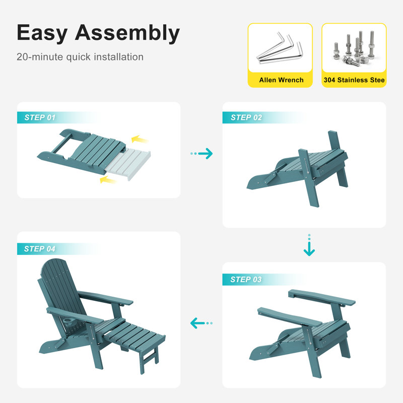 Folding Adirondack Chair with Retractable Ottoman & Cup Holder, 3-Position Adjustable for Patio, All-Weather Outdoor Seating
