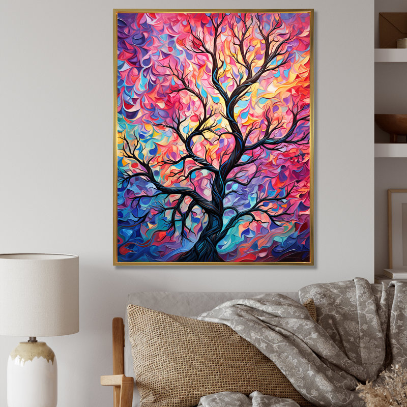 «Pink Tree Essence I» - art mural arbre, H 20 po x l 12 po x P 1 po, Cadre flottant doré