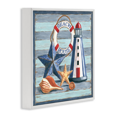 Rustic Beach House on Stripes Framed Giclee Art by Jennifer Brinley