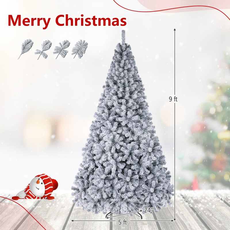 Sapin de Noël à charnières pré-illuminé, recouvert de neige floquée, de 1,37 m à 2,79 m, avec lumières LED., 9' H