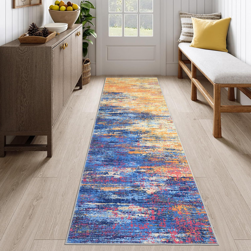 Rectangle Abstract Area Rug, Blue, Runner 60 x 230 cm