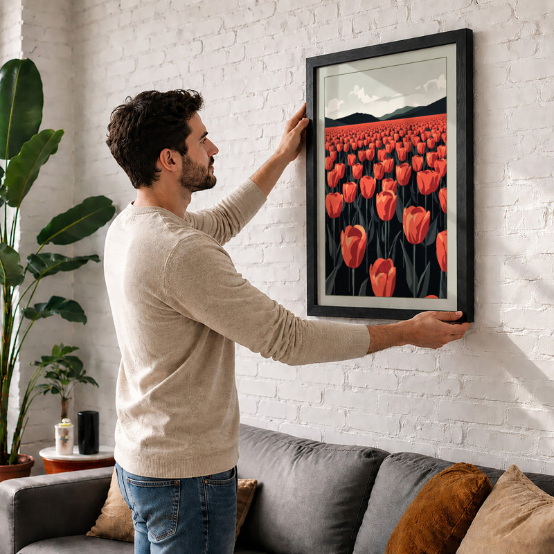 Red Tulips At Dusk Botanical - Print, A2 - 59.4 x 42.0 cm, Walnut