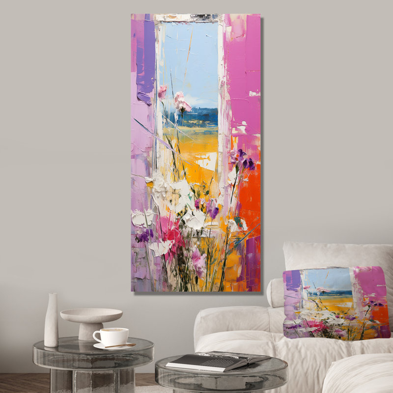 Rose et jaune, fenêtres florales, vue brise I - prairie, art mural, Toile tendue, H 32 po x l 16 po