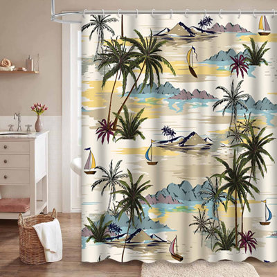Waterproof Vintage Beach Island Palm Shower Curtain with 12 Hooks