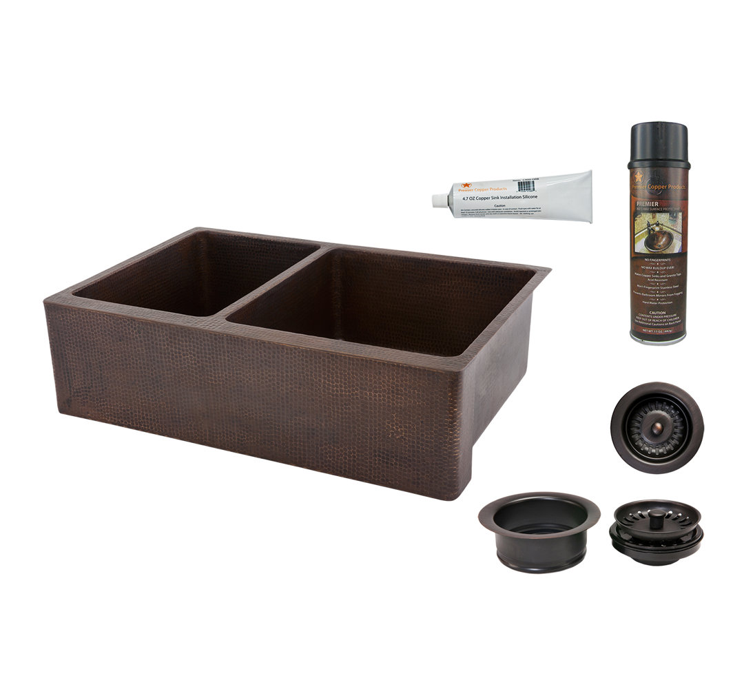 33" Hammered Copper Kitchen Apron 40/60 Double Basin Sink with Matching Drains, and Accessories Premier Copper Products
