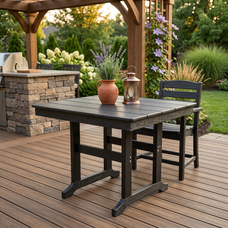 35" HDPE Outdoor Patio Dining Table with Umbrella Hole, Black