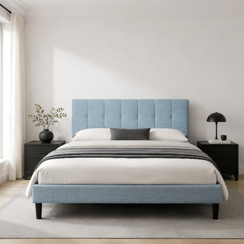 Dajai Upholstered Unfinished Platform Bed, King, Light Blue