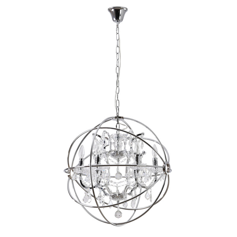 Beldin Transitional 6 Light Globe Cage Crystal Chandelier, Chrome