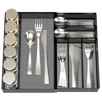 Utensil Drawer Organizer - Expandable Cutlery Tray, Mesh Designing with Non-slip Rubber Feet (black)