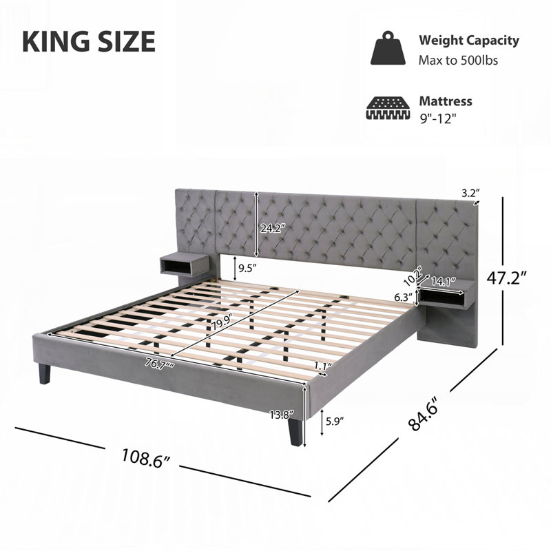 Luxueux lit plateforme tapissier en velours avec tête de lit à oreilles et rangement intégré, parfait pour les chambres élégantes