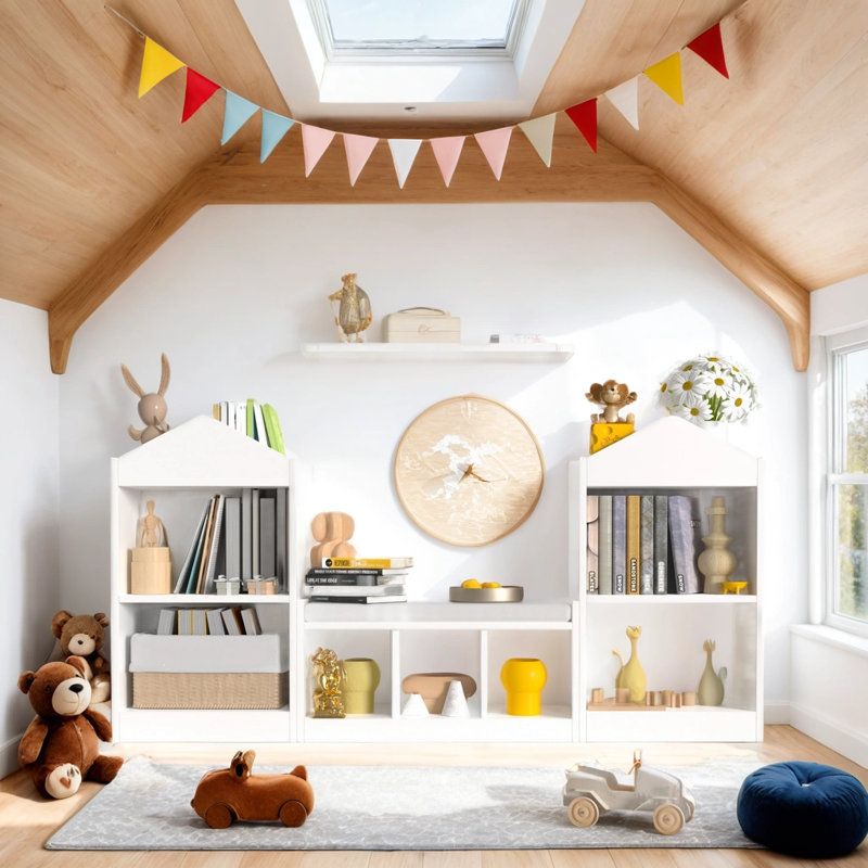 White Wooden Kids Bookshelf with Reading Nook and Storage Cubbies