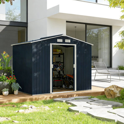 Spacieuse remise de jardin en métal avec trousse de fondation pour la stabilité, portes coulissantes doubles faciles d'accès et 4 bouches d'aération, rangement idéal pour tondeuses à gazon, L 109 po x l 76,8 po x H 75,5 po