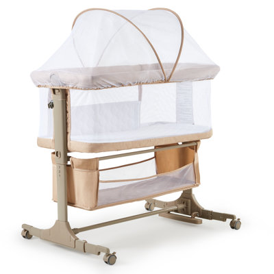 Berceau de chevet pour bébé avec structure en métal et tissu en lin, l 32 po x l 26 po, lit de bébé moderne, construction légère de 21 lb pour les petites chambres ou les studios, kaki