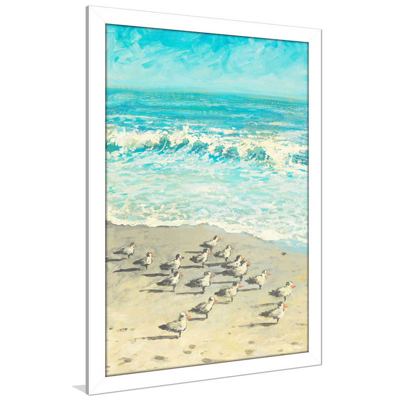 «Sandpiper Beach Party», reproduction de peinture acrylique, H 27,5 po x l 21,5 po x P 0,75 po, Cadre blanc