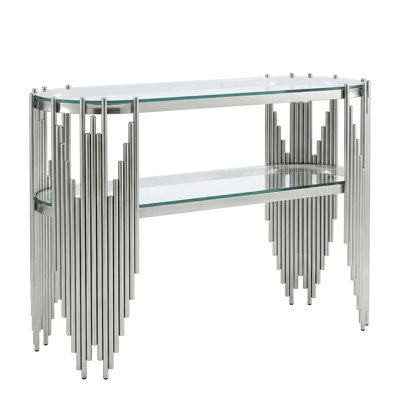 Console de luxe avec étagères à 2 niveaux en verre trempé, table d'entrée ovale moderne pour couloir et salon, structure en acier inoxydable poli, 119 cm x 40 cm x 80 cm