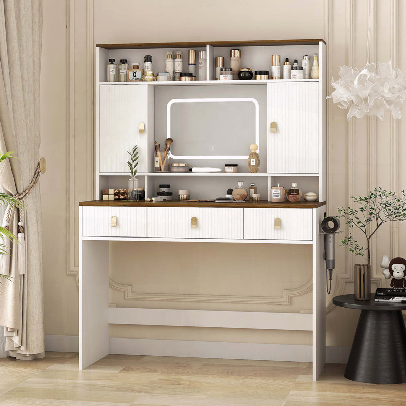 Coiffeuse Farmhouse avec miroir lumineux et rangement