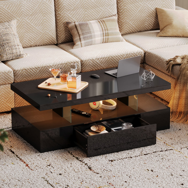 Wrought Studio™ High Glossy LED Coffee Table With Drawer, Black