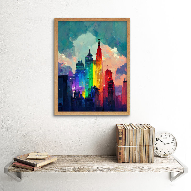 Rainbow Skyscrapers Skyline Cityscape Abstract 1 Piece Wall Art, 43cm H x 33cm W x 2cm D, Light Brown Framed Paper