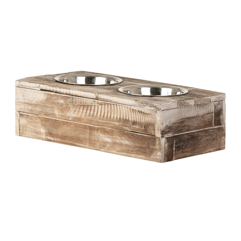 Small Natural Reclaimed Wood Elevated Pet Feeder with Stainless Steel Bowls