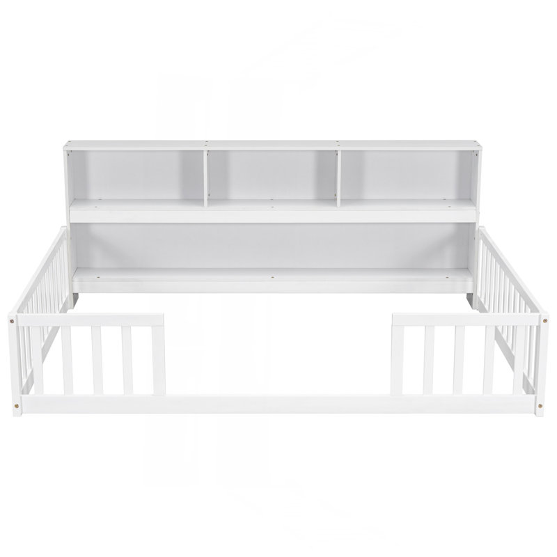 Full Floor Bed With Side Bookcase,Shelves,Guardrails,White, White