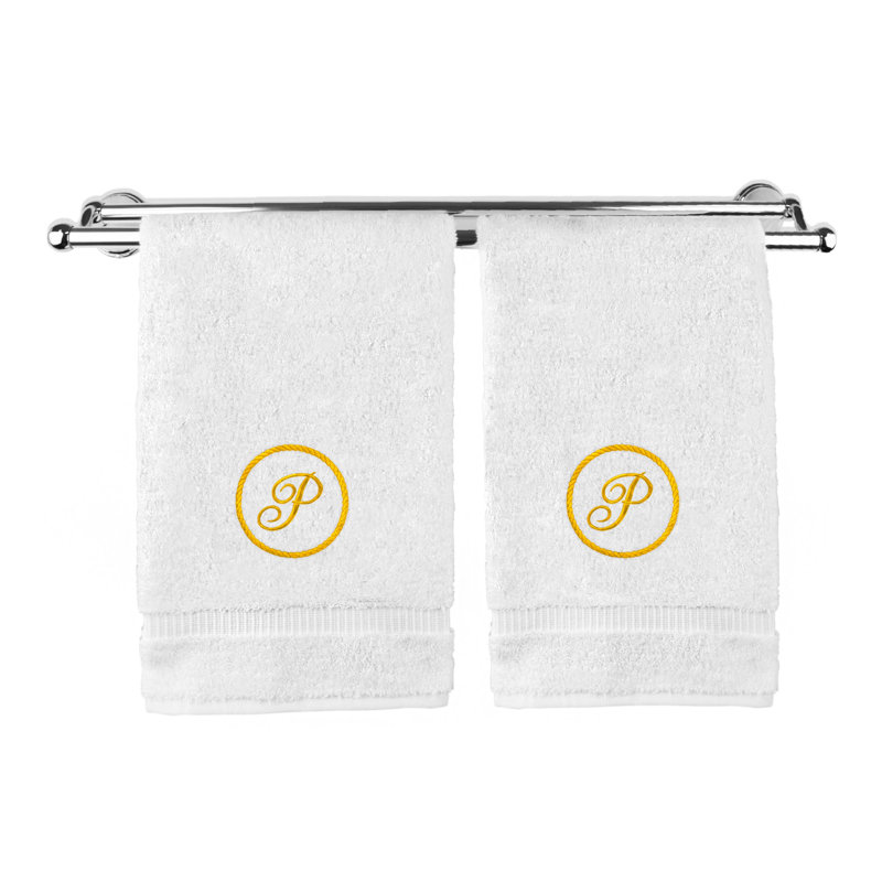 Essuie-mains monogramme - ensemble de 2 - lettre à motif circulaire, P, Blanc / Doré