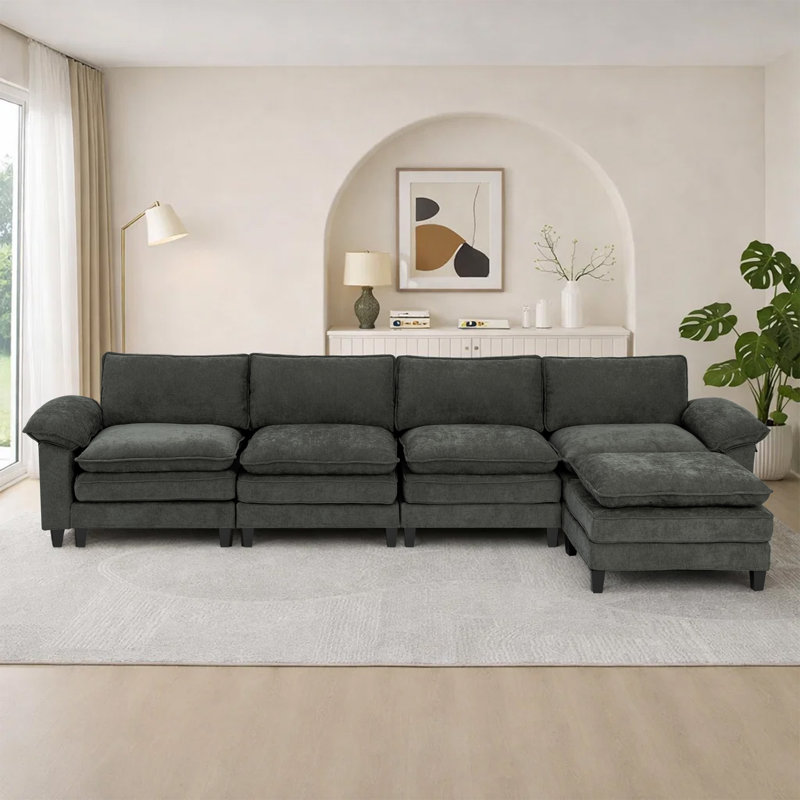 Canapé d'angle rembourré avec 1 repose-pieds, Tissu gris, H 37,4 po x l 146,5 po x P 61 po