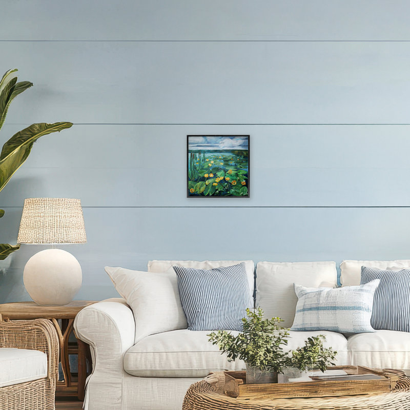 «Pond Lilies with Clouds Overhead Giclee», design par Violeta Vollmer, H 12 po x l 12 po, Giclée encadrée noir minuit