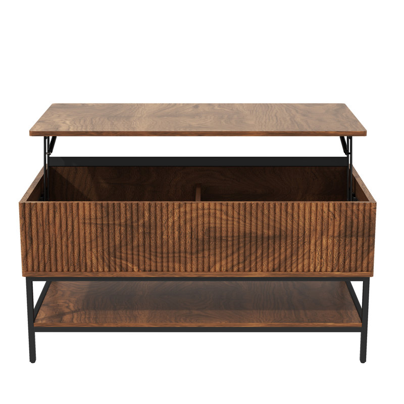 Table basse à plateau relevable de 39,4 pouces avec rangement caché et tablette inférieure, pieds en acier, brun rustique rectangulaire, style, compartiment, brun stable, installation rapide