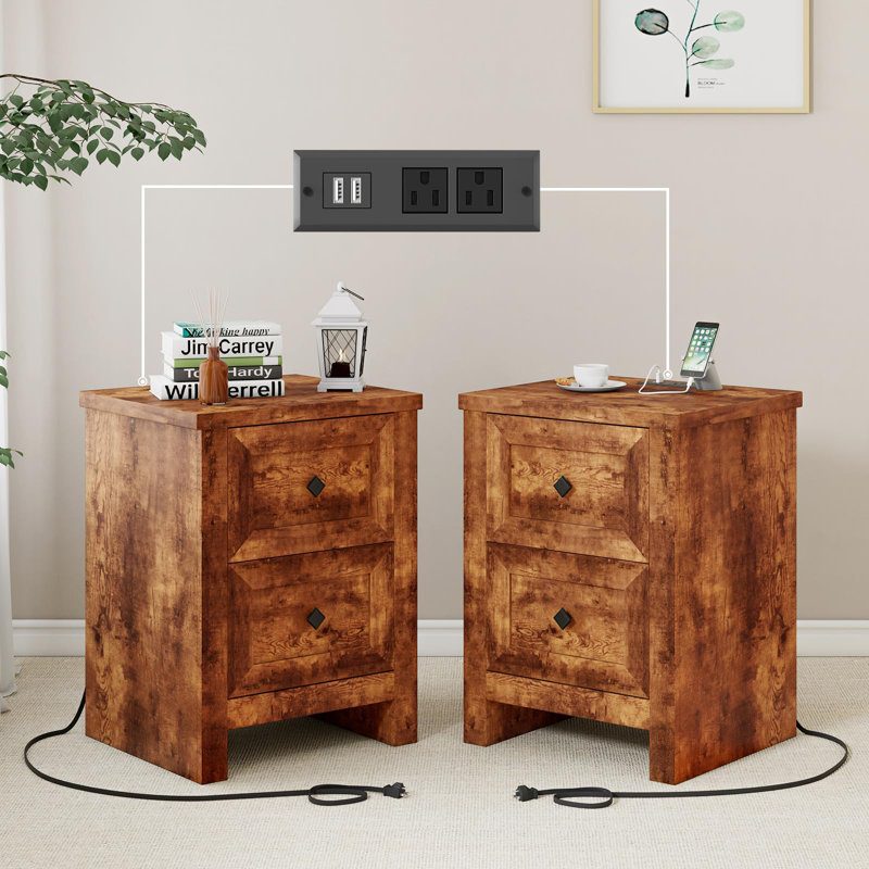 Table de chevet avec station de charge, table de bout Farmhouse , Brun