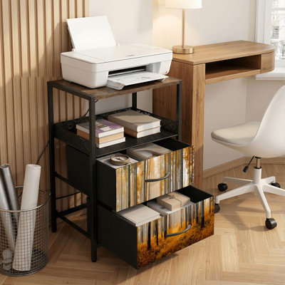 Table de chevet 2 tiroirs avec station de charge, table de chevet pour chambre avec ports USB, tablette ouverte noire, table de chevet avec forêt de peuplier faux-trembles