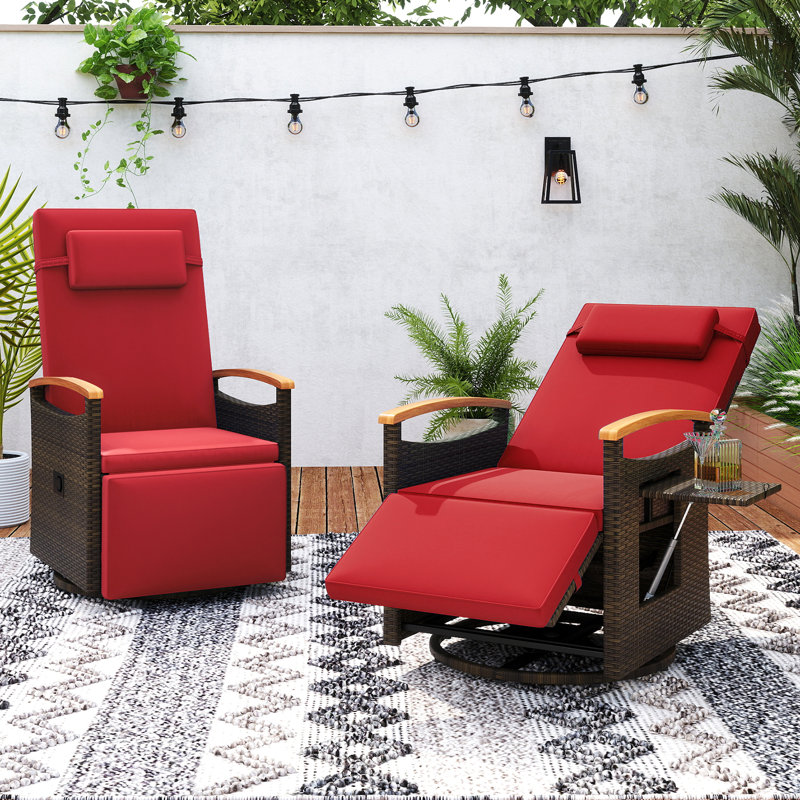 Set Of 2 Outdoor 360° Swivel Rattan Recliner Chair Patio Wicker Chaise Lounge Chair Red, Red