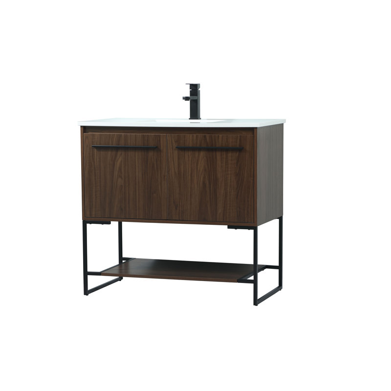 Rozell 36'' Single Bathroom Vanity with Engineered Marble Top, Walnut