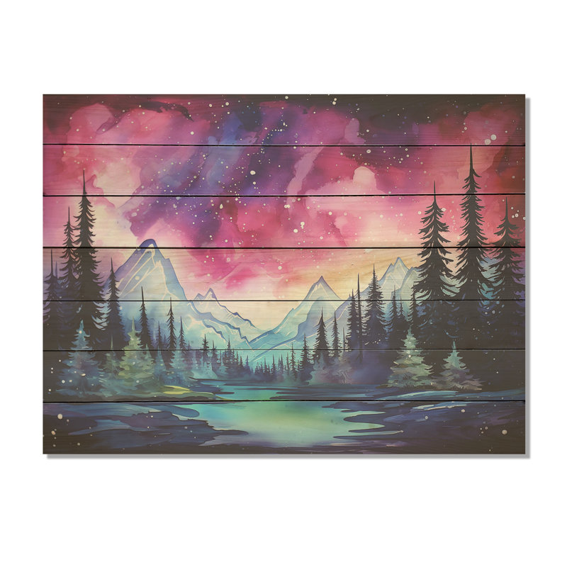 Pink Aurora Borealis In Canada II - Winter Mountains On Wood Print, 30" H x 40" W x 0.78" D